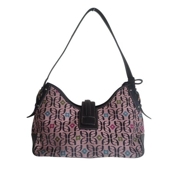 Fossil Monogram Shoulder Bag Purse Handbag Pink Black Leather Trim Flower Boho - Picture 2 of 13